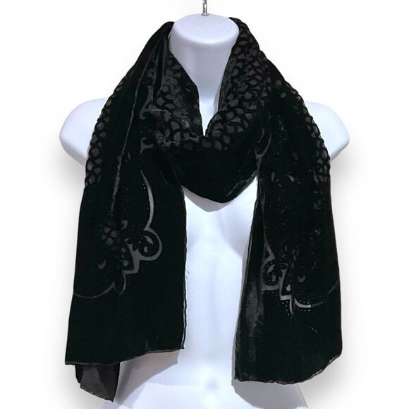 Black Velvet Burnout Scarf Rectangle Hand Rolled Hem - Picture 1 of 6